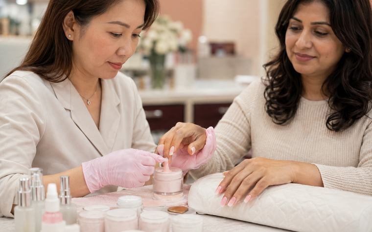 Dipping powder pots on a nail table during a set