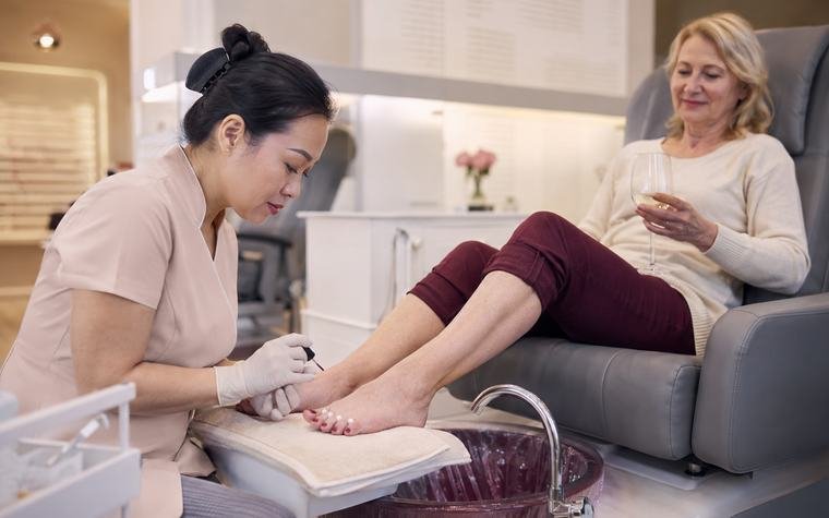 A client having a pedicure in a salon pedicure chair