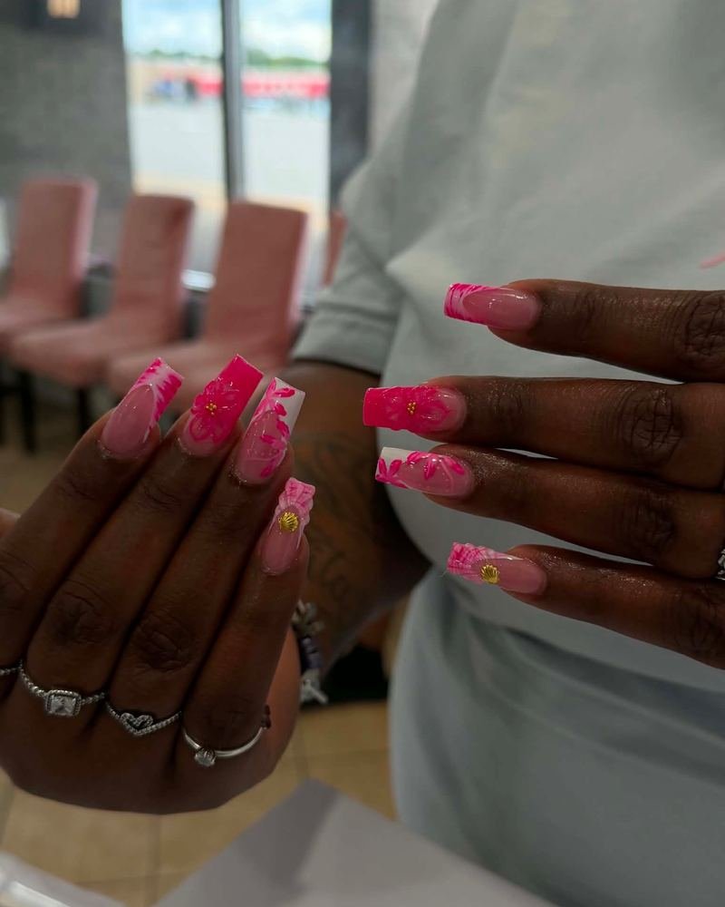 Hot pink coffin set with hand-painted art, made at Top Nails